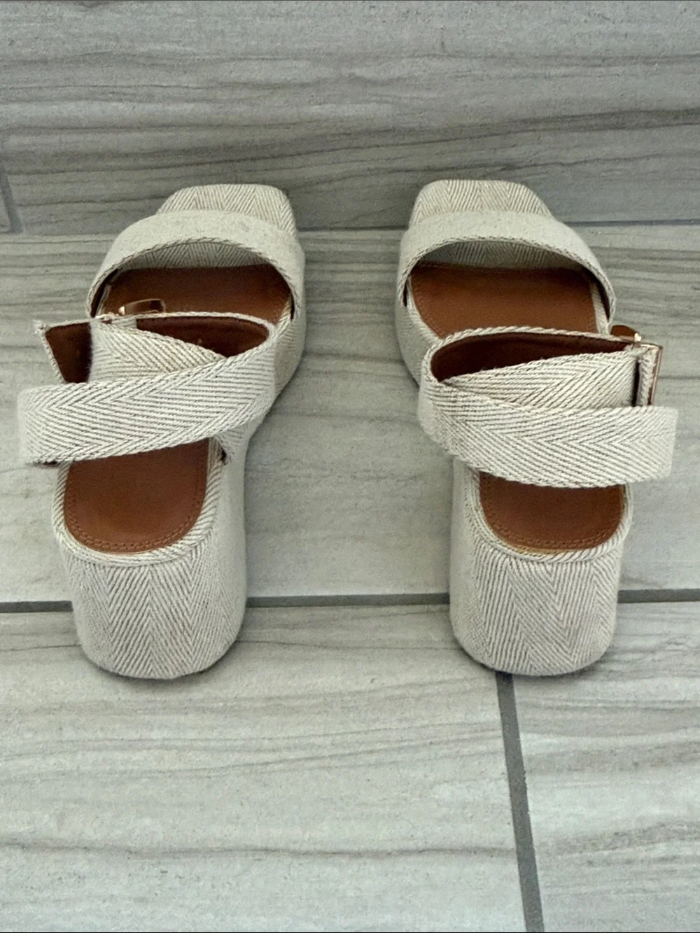 ASOS Cream Platform Ankle-Strap Sandals with Gold Buckles